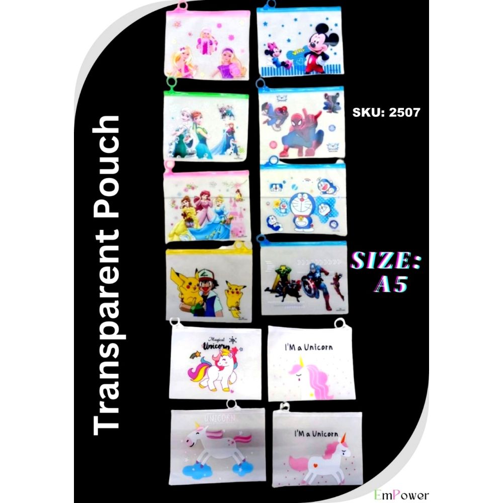 Transparent Pouch  A5 Zip Cartoon-Unicorn	Opp Pkg